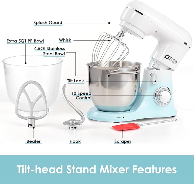 Kitchen in the box Stand Mixer, 5QT + 4.5QT Two bowls Electric Food Mixer, 10 Speeds Kitchen Mixer for Daily Use with Egg Whisk,Dough Hook,Flat Beater (Gradient Blue, 5QT)