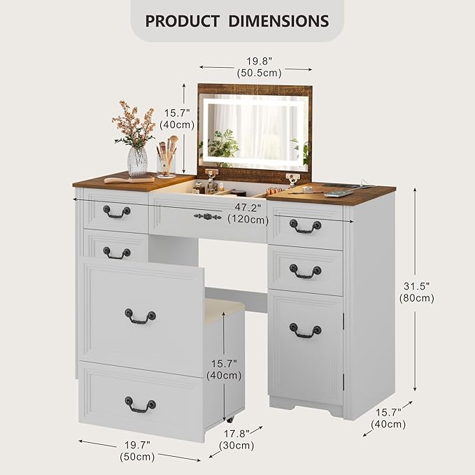 Farmhouse Vanity Desk with Flip up Vanity Mirror and Lights,Rustic Makeup Vanity with Charging Station and Hidden Drawer,Vanity Table Set with Drawers/6-Compartment/Cabinets,White