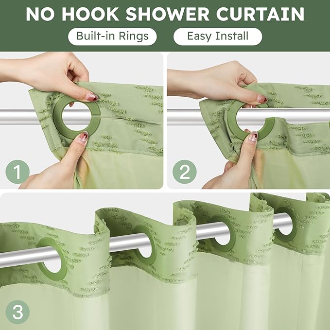 No Hook Shower Curtain and Snap in Liner Set Sage Green Tufted Chevron Striped Cloth Waterproof Washable Fabric Boho Modern Bath Curtain See Through Mesh Top Window for Bathroom Hotel 71" x 86"