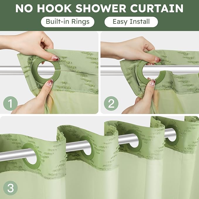 No Hook Shower Curtain and Snap in Liner Set Sage Green Tufted Chevron Striped Cloth Waterproof Washable Fabric Boho Bath Curtain with See Through Mesh Top Window for Bathroom Hotel 71" x 74"