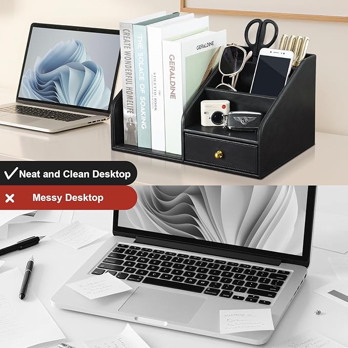 KINGFOM PU Leather Desk Organizer, Multifunction 6 Compartment Desk Organizers and Accessories for Office Supplies, Pen Pencil Holder/Book Mail Organizer Holder for Desk with Drawer(Black)