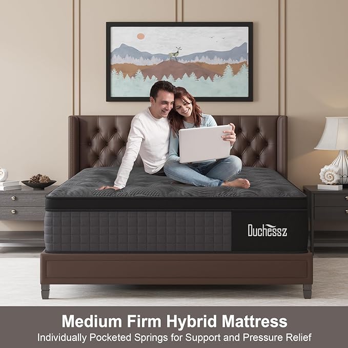 Queen Mattress, 10 Inch Hybrid Mattresses Black with Gel Memory Foam and Individually Pocket Innerspring Euro Top Medium Firm for Motion Isolation, Edge Support, 100 Night Trial