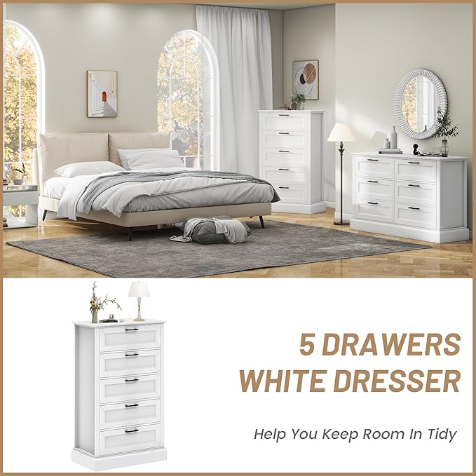 White Dresser with 5 Drawers, Vertical Storage for Bedroom, Wood Tall Dresser for Hallway, Wooden Tall Chest of Drawers for Entryway, Nursery, Lingerie Chest Drawer, Modern Farmhouse Style