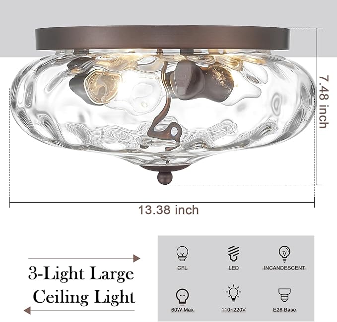 Darkaway Large Ceiling Light Fixtures, 3-Light Flush Mount Indoor Outdoor Ceiling Light with Water Ripple Glass Shade for Porch Hallway Kitchen Living Room Bronze Finish