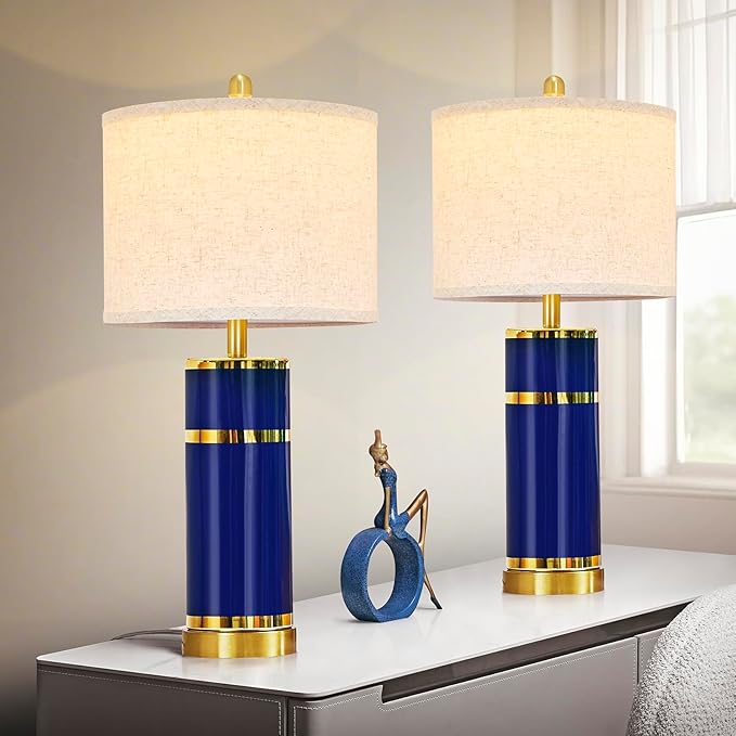 Royal Blue & Gold Ceramic Table Lamps (Set of 2) - 28" Luxe Bedside Lights with USB Charging & Rotary Switch, Bulbs Included