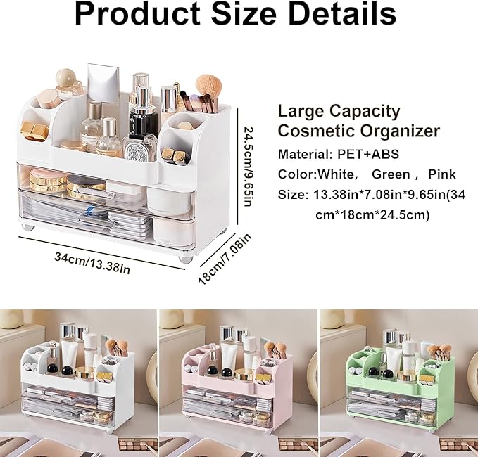 DASITON Large Capacity Makeup Organizer for Vanity with 2 Drawers, Skincare Organizers with Makeup Brush Holder, Cosmetic Display Case for Dresser Vanity Bathroom Countertop (White)
