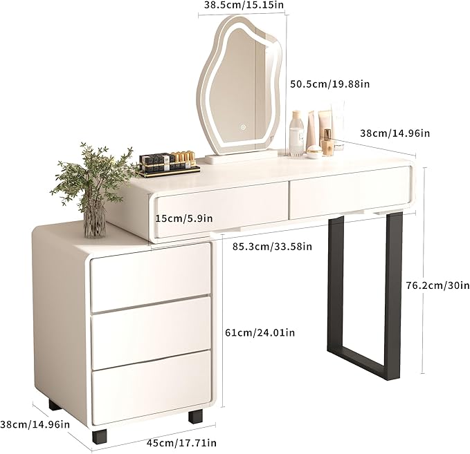 Vanity Desk with Mirror and LED Lights| Small Makeup Table with 5 Drawers and Adjustable Storage Cabinet| Modern Space-Saving Dressing Table for Bedroom(White)