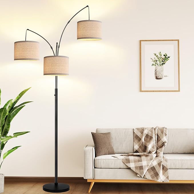 Dimmable Floor Lamp, 3 Lights Black Arc Floor Lamps for Living Room, Modern Tall Standing Tree Lamp with Linen Shade & Heavy Base, Large Floor Lamp for Bedroom Office, 3x1000 LM LED Bulbs Included