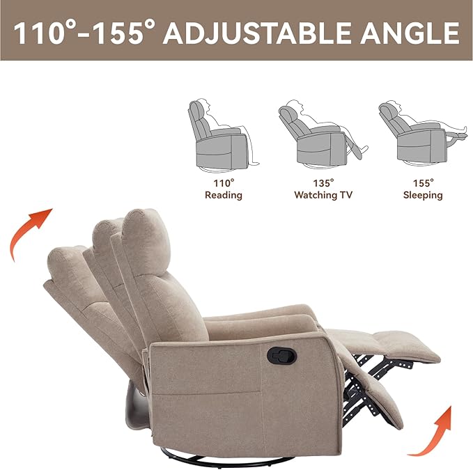 Massage Rocker Swivel Recliner Chair for Adults, Manual Recliner Glider with Lumbar Heating, Technical Flannel Fabric Nursery Glider Rocking Chair with Vibration Massage for Living Room - Khaki