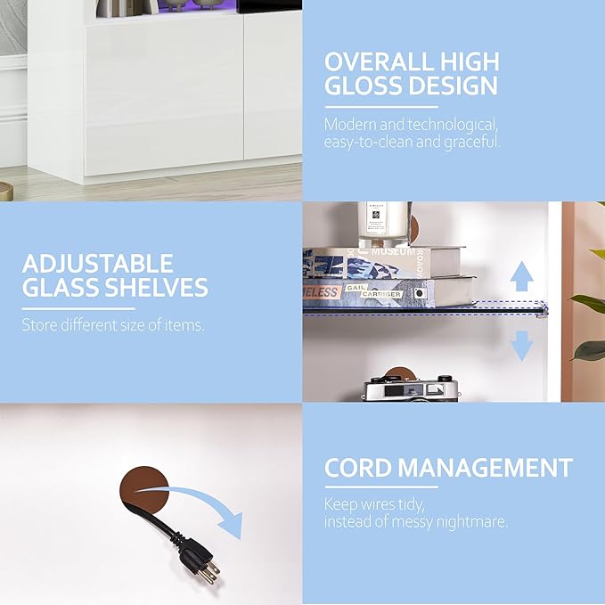 68" Modern Fireplace TV Stand for TVs up to 75", High Gloss Entertainment Center with 40" Fireplace, 4 Shelves & Storage Cabinets, Media Console Table, All Gloss White