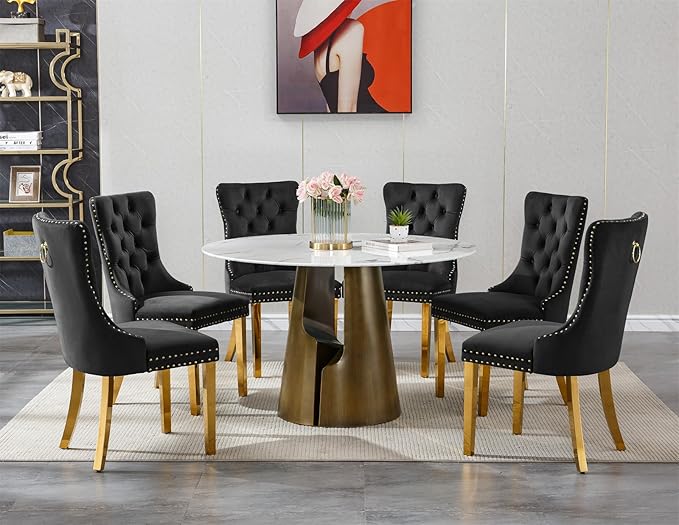 7-Piece Faux Marble Round Dining Table Set for 6, Modern Luxury Kitchen Table Set for 6 with Black Tufted Chairs,Circle Dining Tables with White Marble Grain Top and Bronze Pedestal Base