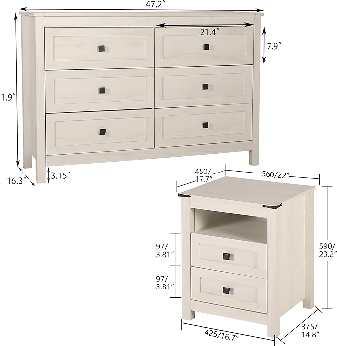 Farmhouse 6 Drawers Dresser with 2pcs Nightstands, Wood Double Dresser Chest of Drawers Wide Storage Organizer Cabinet for Bedroom, Living Room, Rustic Beige