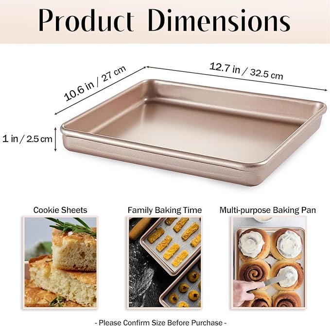 12.7-Inch Nonstick Baking Sheets & Cookie Trays for Oven, 2-Pack Durable Rectangular Baking Pans Set (Gold)