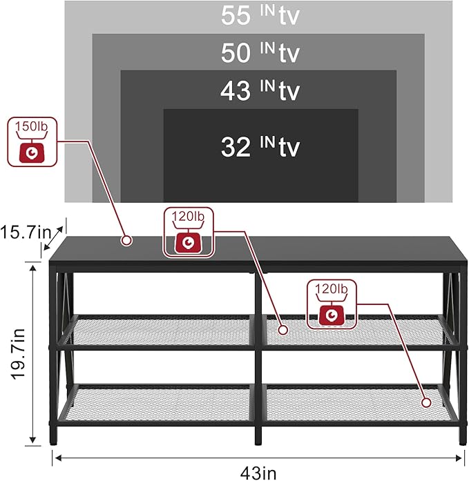 TV Stand for TVs up to 60 Inch, 43" Long Industrial TV Console Table with 3-Tier Storage Shelves, Entertainment Center for Living Room, Bedroom (Black)