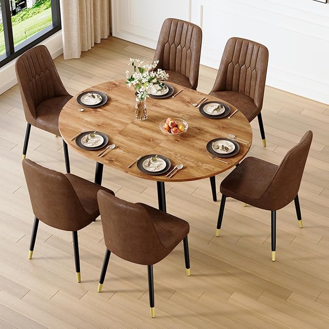 Round Dining Table Set for 6｜42"-54" Extendable Dining Table Set for 6｜0.73" Thick Wood Tabletop with Smooth Edge｜Black Metal Leg with Non-slip Footmat｜6 Soft PU Chairs｜Space Saving｜Easy Assembly