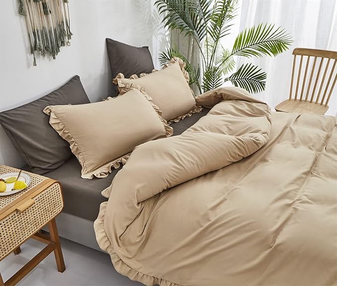CLOTHKNOW Queen Comforter Set Taupe Ruffles Farmhouse Bedding Comforter Sets Soft Tan Comforter Khaki Comforter with 2 x Pillow Cases