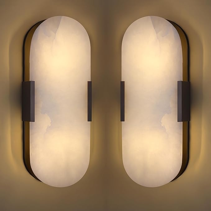 2 Pack 2 Light Natural Oval Alabaster Marble Bathroom 15 Inch Wall Sconce Modern Concise Style Wall Light Fixtures,Oil Rubbed Bronze Finish for Bedroom Hallway Bedside Living Room