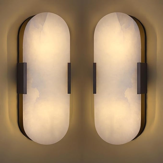 2 Pack 2 Light Natural Oval Alabaster Marble Bathroom 15 Inch Wall Sconce Modern Concise Style Wall Light Fixtures,Oil Rubbed Bronze Finish for Bedroom Hallway Bedside Living Room