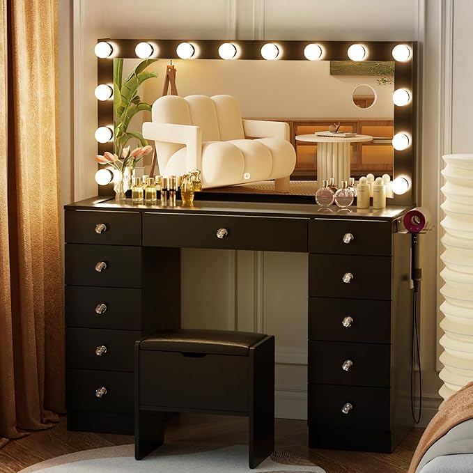 VOWNER Vanity with Lighted Mirror - Makeup Vanity Desk with Glass Top and 11 Drawers, 3 Color Lighting Modes Adjustable Brightness, 46" Vanity Table with Soft Cushioned Stool for Bedroom, Black