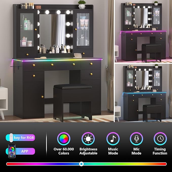 Vanity Desk with Mirror and Lights, 43" Black Makeup Vanity Set with 5 Drawers & Glass Cabinets, Storage Stool, Power Outlet & Adjustable LED Lights, Dressing Table for Women & Girls Bedroom