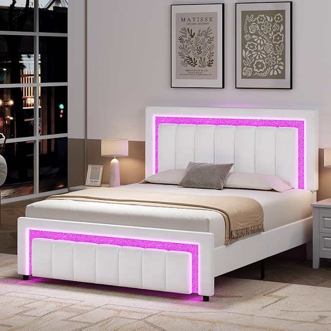 HOMBCK Bed Frame Queen Size with LED Lights and Velvet Upholstered Headboard, Queen Bed Frame with Modern Diamond Headboard Adjustable, Wooden Slats Support, Noise Free, No Box Spring Needed, White