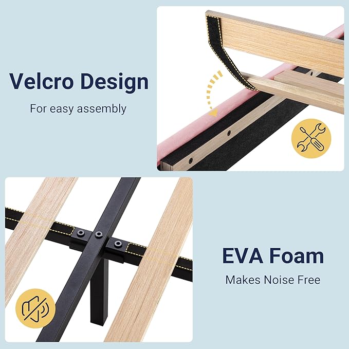 Allewie Twin Size Platform Bed Frame with Velvet Upholstered Headboard and Wooden Slats Support, Fully Upholstered Mattress Foundation/No Box Spring Needed/Easy Assembly, Pink