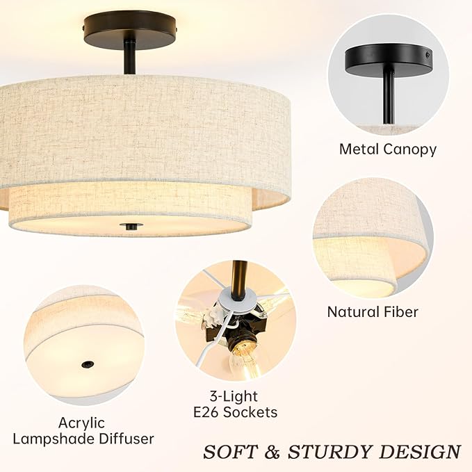 16" Semi Flush Mount Ceiling Light, 3-Light Drum Ceiling Light Fixture with 2-Tier Fabric Linen Shade, Farmhouse Chandelier for Dining Room, Living Room, Bedroom, Kitchen, Hallway, Entryway