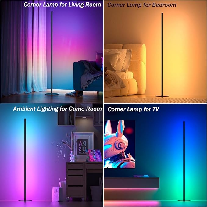 Corner Floor Lamp, RGB IC LED Corner Lamp, 16 Million DIY Color & Warm White, Music Sync and Timing Function, Color Changing Ambient Lights for Living Room, Bedroom, Gaming One Connected Pair