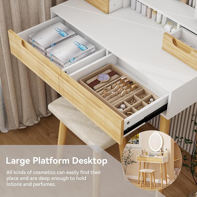 YOURLITE Makeup Vanity Desk with Lights, Small Vanity with Adjustable Brightness Mirror for Small Spaces, Dressing Table with Drawers (31.5", Oval Mirror Wood)