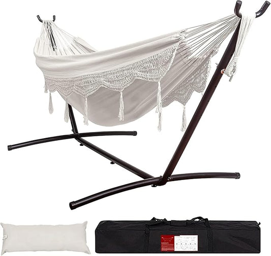 Lazy Daze Hammocks 9FT Double Hammock with Sturdy Steel Stand and Durable Fabric, Camping Lace Hammocks Include Portable Carrying Case, 450 LBS Capacity