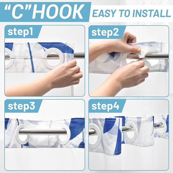 No Hook Shower Curtain with Snap in Liner - Fabric Waterproof Inner Liner, Plants Blue Floral Grey Nature Birds Cloth Shower Curtains Washable, 71 x 74 Inch