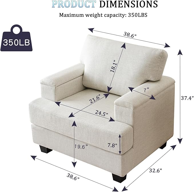 Oversized Accent Chair with Armrest Storage,38”W Big Armchair with 7.8'' Thick Cushion,Deep Seat,Large Comfy Reading Chair, Living Room Chairs,Sofa Chair for Bedroom,Linen