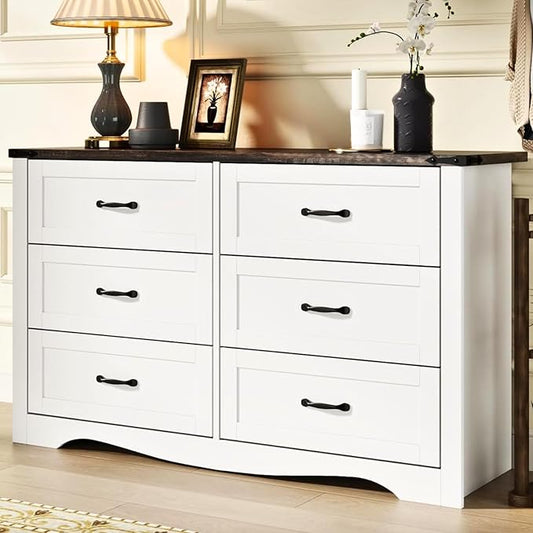 Loomie Farmhouse 6 Drawers Double Dresser for Bedroom, Modern White Dresser Chest of Drawers, Wide Dressers Organizer, Accent Storage Cabinet for Closet, Living Room, Hallway, Antique White