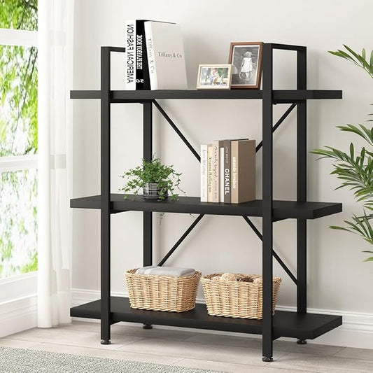 HSH 3 Tier Black Bookshelf, Industrial Small Metal Wooden Storage Book Shelves, Modern Open Low 3 Shelf Bookcase and Display Etagere, Vertical Book Shelf for Bedroom Living Room Office, Black Oak