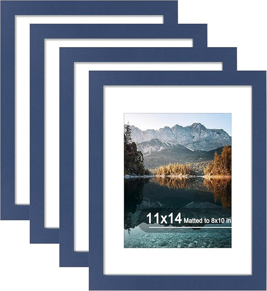 11x14 Picture Frame Set of 4, High Definition Real Glass, Display Pictures 8x10 with Mat or 11x14 Without Mat, Gallery Wall Hanging Photo Frames, Blue