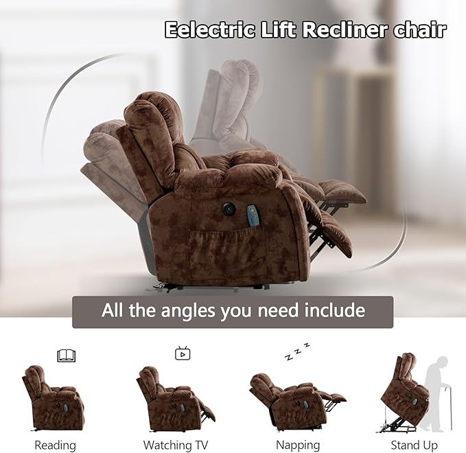 Phoenix Home Large Power Lift Recliner with Massage and Heat for Elderly, Electric Chair with USB Port, 2 Hidden Cup Holders, Dark Grey