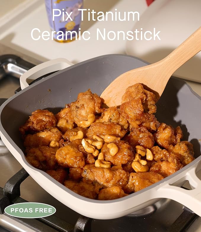 10.5 Inch(3.8QT) Ceramic Pan with Lid,Non Stick Frying Pans Cast Aluminum Deep Sauté Pans,Ti-Ceramic Non Toxic Pix Pan with Wooden Spatula and Scrubber-Morning Mist