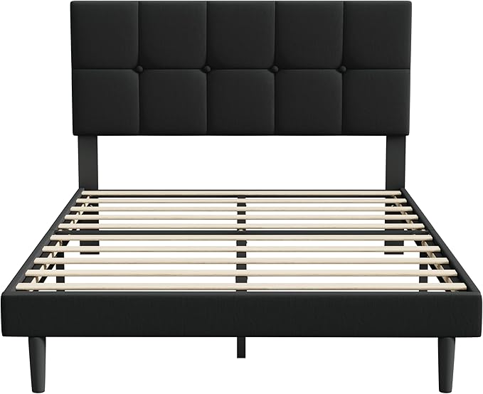 Full Size Bed Frame, Full Size Platform Bed Frame with Headboard, Upholstered Headboard, Sturdy Wooden Slats, Noiseless No Box Spring Required, Easy to Assemble, Black