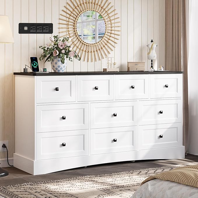 Hasuit Dresser for Bedroom with 10 Drawers, 55.2" Long Dressers with Charging Station, Farmhouse Chest of Drawers, Large Wooden Storage Tower Organizer, Dresser for Bedroom Closet, White and Black