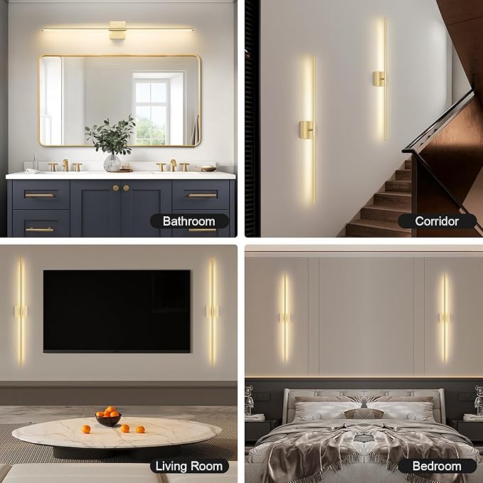 Battery Operated Wall Sconce Set of Two with Remote Control, 3000K-6000K Dimmable Gold Wall Lights, Timable LED Wireless Wall Sconces, 350° Ratate for Bathroom, Living Room, Hallway 39.4 Inch
