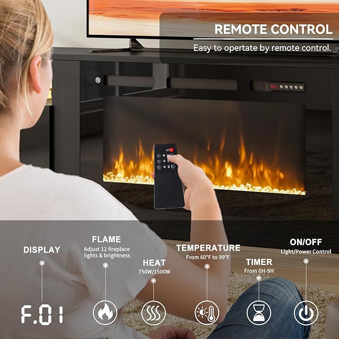 oneinmil 80” TV Stand with 36” Electric Fireplace, Large Modern Media Entertainment Center with Storage Cabinet and 12 Colors LED Lights for TVs Up to 90", Black TV Stand and Black Fireplace