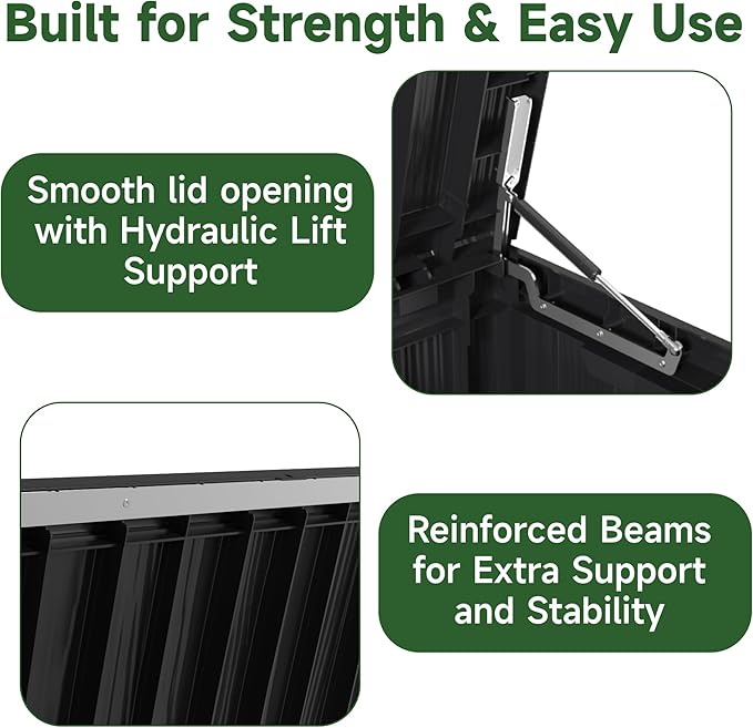 80 Gallon Outdoor Storage Box Waterproof, UV Resistant Resin Deck Box with Hydraulic Rod, Reinforced Stability for Patio, Garden, Striped Black