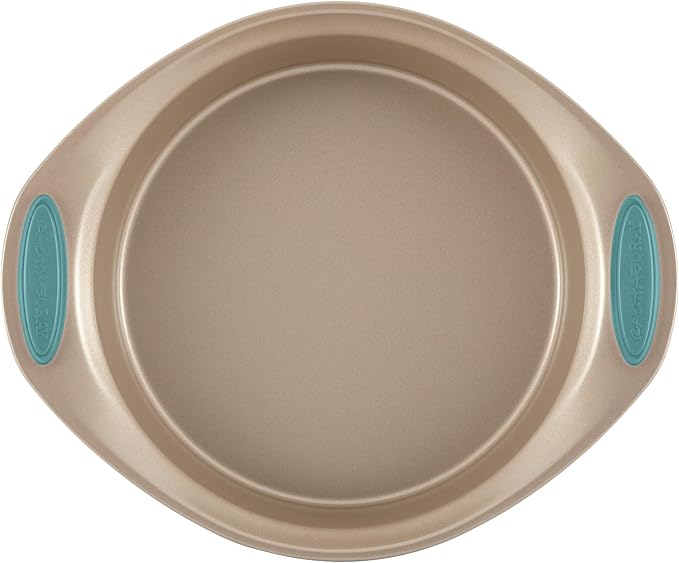 Rachael Ray Cucina Bakeware Set Includes Nonstick Bread Baking Cookie Sheet and Cake Pans, 5 Piece, Latte Brown with Agave Blue Grips