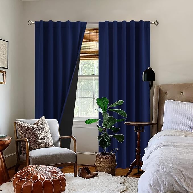 BGment Navy Blue 100% Blackout Curtains 84 Inches Long with Reducing Noise Liner, Rod Pocket and Back Tab Double Layer Full Room Darkening Window Curtain for Bedroom, 2 Panels, Each 42 x 84 Inch