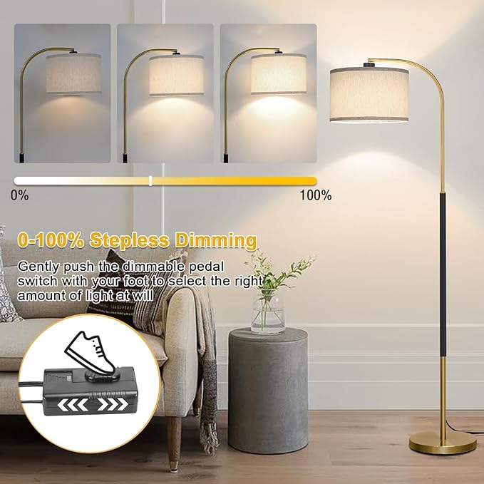 Dimmable Floor Lamp for Living Room, Arc Floor Lamps with Adjustable Drum Shade Pedal Switch, Black and Gold Tall Standing Lamp with 9W LED Bulb, Modern Reading Light Pole Lamp for Bedroom, Office