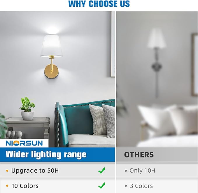 NIORSUN 13.8 inch Battery Operated Wall Sconce Set of 2,Gold Rechargeable Wall Lights with 5200mAh Dimmable Detachable Bulbs and Remote,9 Colors Wireless Sconces for Bedroom Living Room Hallway