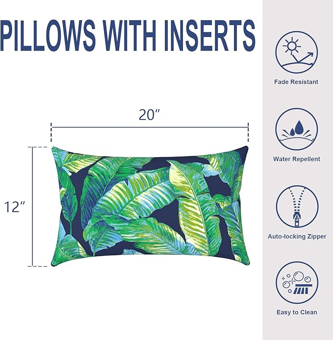 Outdoor/Indoor Lumbar Pillows, Water Repellent Cushion Pillows, 12x20 Inch, Outdoor Pillows with Inserts for Home Garden, Pack of 2, Hanalei Lagoon