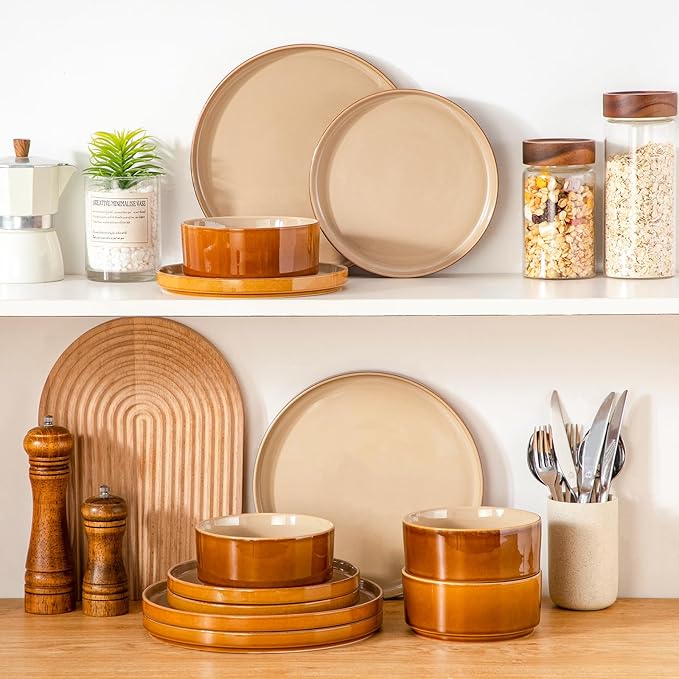 vancasso ONION Ceramic Plates and Bowls Sets, 12 Pieces Brown Dinnerware Sets for Kitchen, Reactive Glaze Dishes Set for 4, Dishwasher and Microwave Safe
