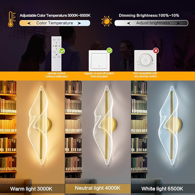Modern Gold Wall Sconce 22.4Inch, LED Hardwired Wall Lamps with Remote Control Dimmable Acrylic Wall Lighting for Living Room Bedroom Hallway Stairs