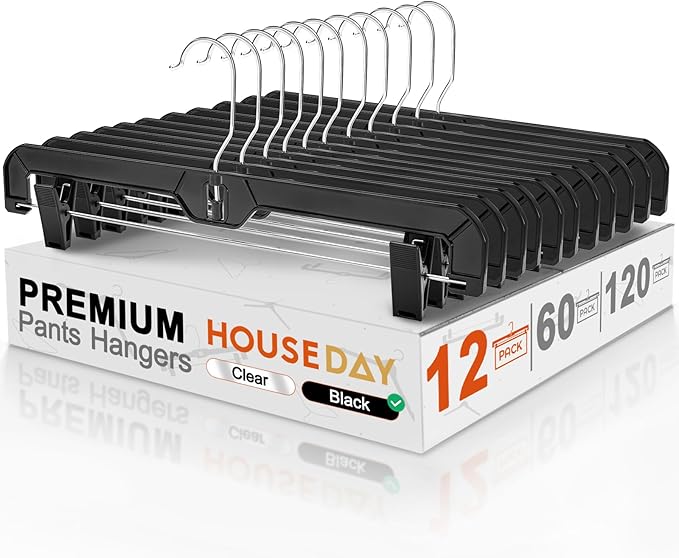 HOUSE DAY Black Pants Hangers with Clips 12 Pack, Plastic Skirt Hangers for Women, 14 Inch Clip Hanger for Pants, Skirts, Jeans, Shorts, Legging, with 360-degree Swivel Hook, 2 Adjustable Clips